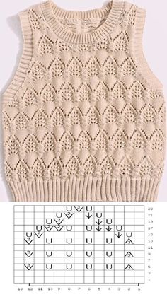 a knitted sweater with an arrow pattern on the front and side, along with measurements for