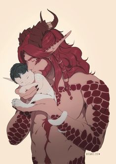 a woman holding a child in her arms with horns on their head and red hair