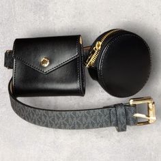 Michael Kors Black Belt Bag New With Tags Genuine Leather Two Separate Small Bags -Square Bag - 4.25" X 3.25" X 1 With Snap Closure -Round Bag 4" X 1" Zip Closure Gold Tone Hardware Belt Length - 40" Waist Size: 32" - 38" Black Wallet With Detachable Strap For On-the-go, Black Wallet With Removable Pouch For On-the-go, Black Wallet With Detachable Strap, Black Rectangular Belt Bag With Gold-tone Hardware, Versatile Black Bag With Removable Belt, Black Travel Belt Bag With Gold-tone Hardware, Black Belt Bag With Gold-tone Hardware For Travel, Black Belt Bag With Removable Pouch For Office, Black Shoulder Bag With Removable Belt For On-the-go