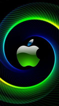 an apple logo is shown in the middle of a circular design with neon lights around it