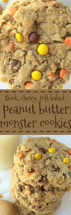 two pictures of cookies with candy on top and the words, thick chewy, soft baked peanut butter monster cookies