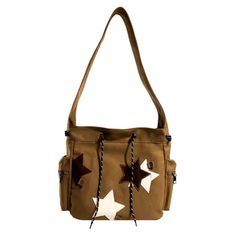 Add a touch of charm to your outfit with this Star Aesthetic Crossbody Bag. Featuring unique star patches and multiple compartments, this bag is both stylish and functional Size: 37*31*17 cm / 14.6*12.2*6.7 in Messenger Bag With Pins, Bag With Pins, Vintage School Bag, Outfit Ideas For Ocs, Cute Messenger Bags, Star Y2k, Y2k Street Style, Star Bag, Cute Crossbody Bags