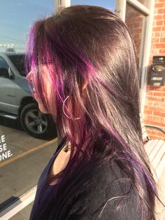 Purple peekaboo Brown Hair With Purple Ends, Reverse Peekaboo Hair, Brown Hair With Purple Underneath, Peekaboo Purple Hair, Purple Peekaboo Highlights, Purple Peekaboo Hair, Peekaboo Hair, Pretty Hair Color, Hair Appointment