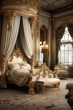 an ornately decorated bedroom is shown in gold and white colors with drapes on the windows