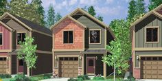 three story houses with garages and trees in the background