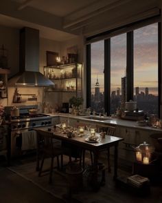 a kitchen filled with lots of counter top space next to a window covered in candles