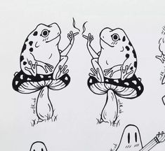 two frogs sitting on top of each other in front of a guitar and another frog