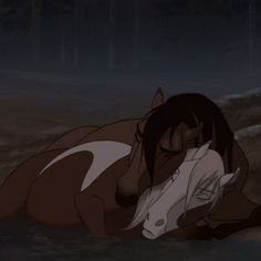 a horse laying in the water with its head on it's hind legs and eyes closed