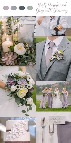 a collage of wedding photos with flowers and greenery