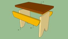 an image of a wooden table and bench with measurements on the bottom half, side view