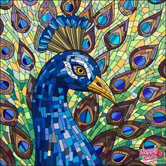 a stained glass window with a blue peacock on it's face and feathers in the background