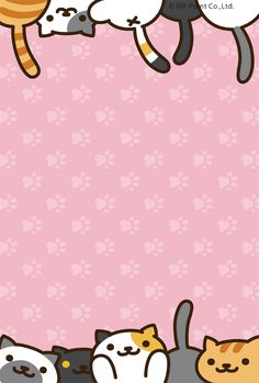 several cats laying on top of each other in front of a pink background