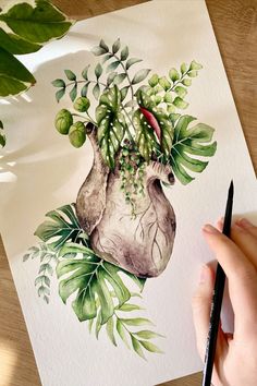 a drawing of a potted plant with green leaves on it and a person's hand holding a pencil