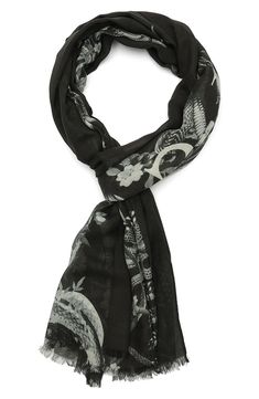 A contemporary print brings subtle presence to this lightweight scarf finished with feathery fringe. 27" W x 80" L 100% modal Hand wash, dry flat Imported Allsaints Scarf, St Helena, Lightweight Scarf, Fringe Trim, All Saints, Hand Wash, Nordstrom, Black White, Bring It On