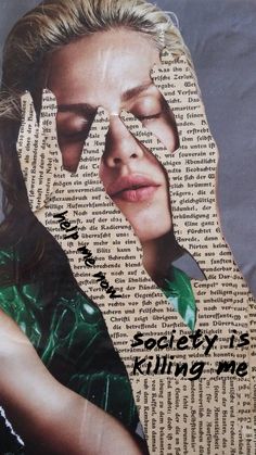 a collage of a woman's face and hands with newspaper paper covering it