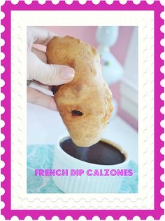 a stamp with a photo of a pastry on it and the words french dip calzones