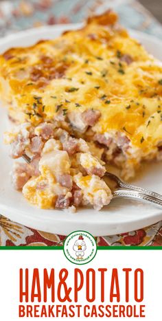 ham and potato breakfast casserole on a white plate