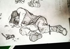 a drawing of a man laying on the ground with his head down and feet up