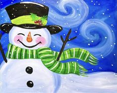 a painting of a snowman wearing a green hat and scarf, with stars in the background