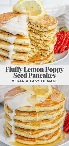 fluffy lemon poppy seed pancakes on a plate with strawberries