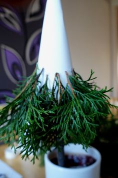 a pine cone is sitting on a table next to two cups