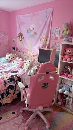 a child's bedroom with pink walls and lots of stuffed animals