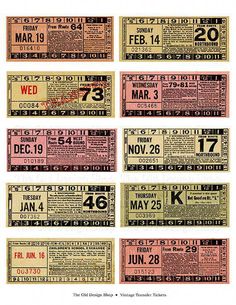 several different types of tickets with numbers on them