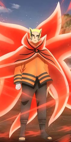 an anime character standing in front of a large red flame with his hands on his hips