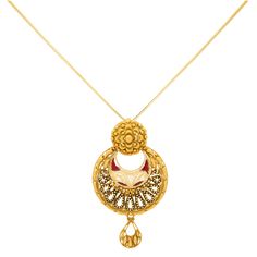 This classy and sophisticated 22k yellow gold pendant and earring set has a stunning design comprised of filigree, beading, and subtle, ruby colored enamel for an vibrant finish. Features: • 22k yellow gold • Filigree • Engraved details • EnamelSpecifications: • Minimum Necklace Width - 3 millimeters • Maximum Necklace Width - 32 millimeters • Necklace Length - 18 inches • Minimum Earring Width - 3 millimeters • Maximum Earring Width - 24 millimeters • Earring Length - 1.5 inches• Total Weight - Ornate Meenakari Pendant Jewelry, 22k Yellow Gold Chandbali Jewelry, Yellow Gold Kundan Filigree Jewelry, 22k Gold Chandbali Jewelry In Yellow Gold, Kundan Filigree Yellow Gold Jewelry, 22k Yellow Gold Jewelry For Diwali, Yellow Gold Meenakari Temple Jewelry, Traditional Yellow Gold Jewelry With Meenakari, Elegant Meenakari Round Pendant Jewelry