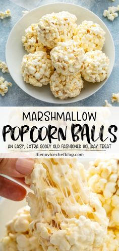 marshmallow popcorn balls on a plate with text overlay