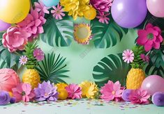 Hawaii Tropical Paper Leaves & Flowers Balloons Backdrop - Gatsby Backdrop Summer Birthday Cake, Balloons Backdrop, Flowers Balloons, Background Studio, Hawaii Tropical, Bird Birthday, Pregnant Wedding, Cake Smash Photography, Paper Leaves