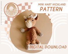 a crocheted stuffed animal sitting on top of a white and orange background with the words, mini hart highland pattern