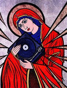 an image of the virgin mary holding a record in her hands and wearing a red robe