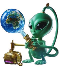 an alien holding a magnifying glass looking at the world in it's hand