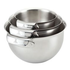 three stainless steel mixing bowls stacked on top of each other