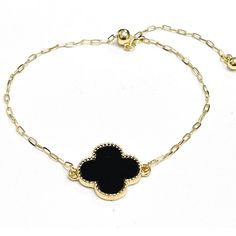 Brand New Gold And Black Metal Clover Chain Bracelet Trendy Black Chain Bracelet For Party, Black Dainty Metal Jewelry, Dainty Black Metal Jewelry, Elegant Black Chain Bracelet For Formal Occasions, Black Charm Bracelet With Adjustable Chain, Black Adjustable Chain Bracelet, Trendy Black Chain Bracelet, Black Metal Chain Bracelet For Party, Minimalist Black Chain Bracelets