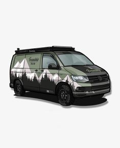 an image of a van with mountains painted on it's front and back sides