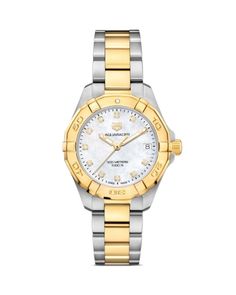 Tag Heuer Aquaracer Diamond Bezel Watch, 32mm Tag Heuer Women, Tag Heuer Aquaracer, Swiss Army Watches, Tag Heuer Watch, Seiko Watches, Rolex Daytona, Yellow Gold Bracelet, Two Tone Watch, Omega Speedmaster