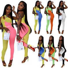 Sexy One Shoulder Sleeveless Color Block Patchwork Elasticity Bodycon Women One Piece Jumpsuit Green Sleeveless Bodysuit For Club, Multicolor Stretch Sleeveless Bodysuit, Multicolor Sleeveless Stretch Bodysuit, Multicolor Patchwork Sleeveless Jumpsuits And Rompers, Multicolor Sleeveless Color Block Bodysuit, Jumper Suit, One Piece Jumpsuit, Rompers Womens Jumpsuit, Womens Jumpsuits