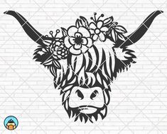 the head of a cow with flowers in it's hair is drawn on a white brick wall