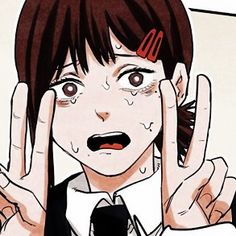 an anime character holding their hands up in front of her face and making the vulcan sign