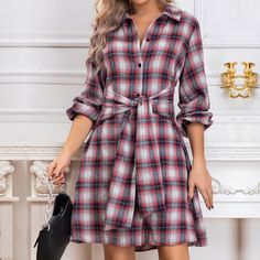 Embrace the season with this chic plaid shirt dress, perfect for autumn and winter. Featuring a stylish single-breasted design and long sleeves, this casual dress combines comfort and elegance effortlessly. Ideal for layering or wearing solo, it’s a versatile addition to any wardrobe. Shirt Dress For Women, Plaid Shirt Dress, Dress Shirt Dress, Plaid Long Sleeve Shirt, Button Front Shirt Dress, Stil Elegant, Long Sleeve Plaid Shirt, Vestido Casual, Daily Dress