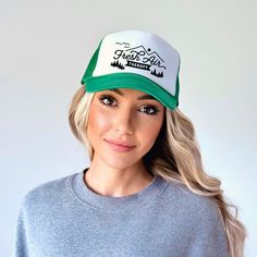 Looking for a cute hat to wear? Make sure to check out our cute foam trucker hats. These hats are one size fits most, with an adjustable back snap. They are the perfect addition to any casual outfit! Black Trucker Hat, Denim Baseball Cap, Visor Hats, Scarf Hat, Happy Camper, Cute Hats, Happy Campers, Hat Shop, All White