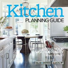 the cover of kitchen planning guide, featuring white cabinets and an island table with chairs