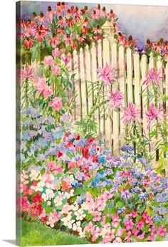 a painting of flowers in front of a white picket fence with pink, blue and purple flowers