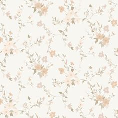 a white and beige floral wallpaper with small pink flowers on the bottom right corner