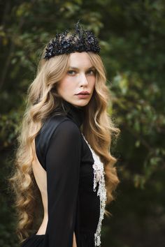 Wedding flower crown. The flower crown is made of artificial flowers, leaves, grass, wire, floristic tape and other trinkets used for arranging. Photo: Michaela durisova photography Dress: Chotronette Model: Kristína Szegényová The flowers are dyed/sprayed with black spray. When stored in dry and dark place, our products last 10-15 years. We can also make you other matching accessories. Please message me for more information. :) ---------------------------------------------------------------- SH Black Flower Crown, Tiara Black, Queen Tiara, Halloween Crown, Crown Handmade, Bridal Flower Headband, Floral Hairband, Queens Tiaras, Wedding Hairband