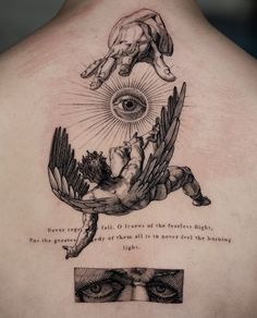 the back of a man's neck with an image of two hands and one eye