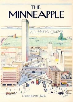 an illustrated book cover for the minneapolis atlantic ocean, with buildings and water in the background