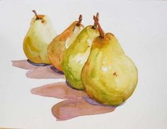 three pears are shown in this watercolor painting